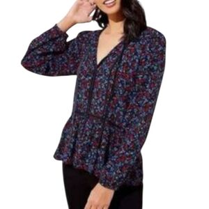 Loft Floral Velvet Trim Black Red Blue Floral Peasant Blouse‎ Shirt Size Medium
